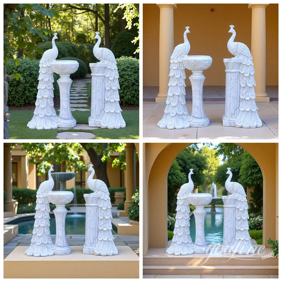 outdoor white marble peacock flower pot statue