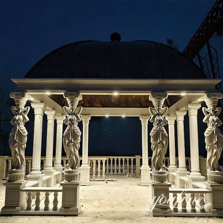 square white marble gazebo with four caryatid columns