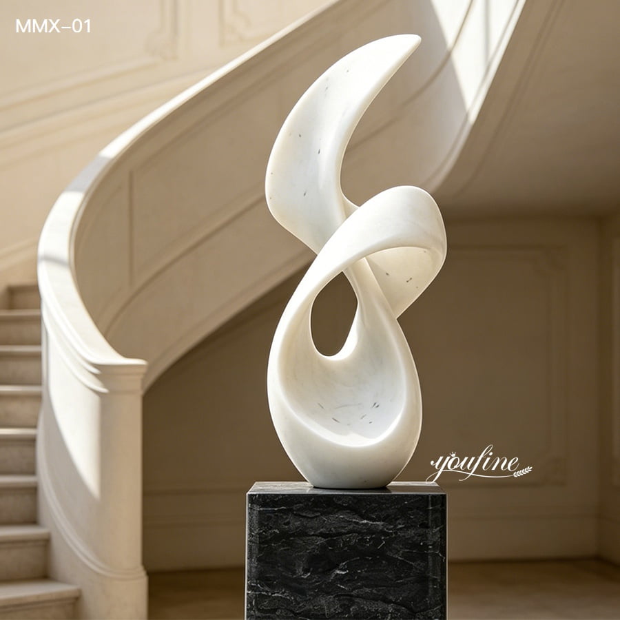 Abstract flowing white marble sculpture, contemporary outdoor and indoor art with black pedestal
