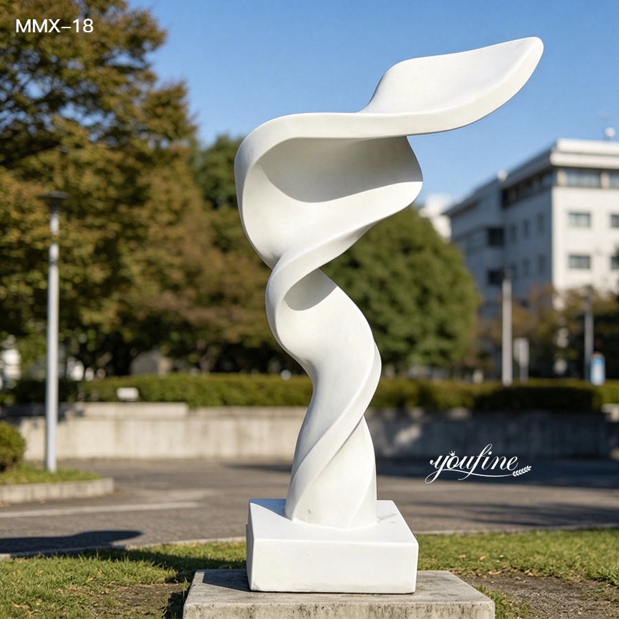 Abstract swirling ribbon white marble sculpture, dynamic contemporary outdoor art