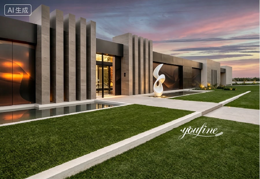 Abstract twisting white marble sculpture in modern residential plaza