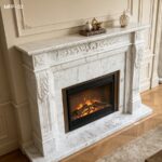 Angle view of a classic white Carrara marble fireplace surround in a light-toned living room