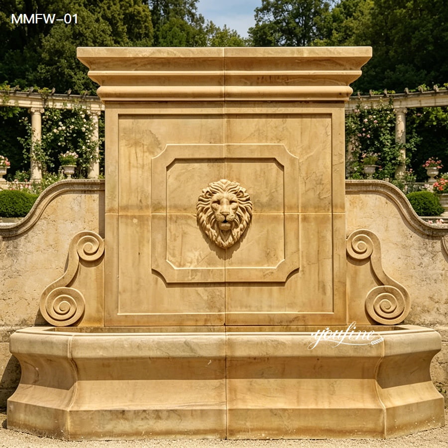 Handmade beige marble wall fountain in a structured garden with stone balustrades