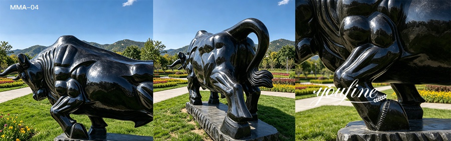 Polished black marble bull sculpture details from multiple views