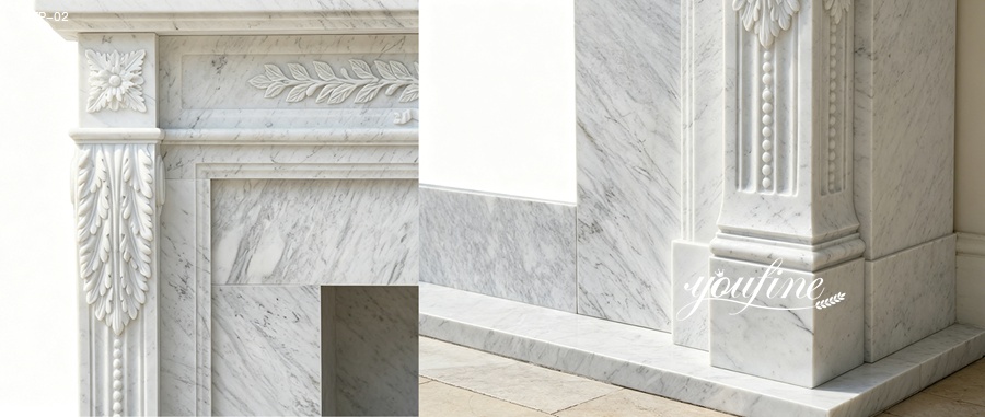 Corner view of a white Carrara marble fireplace surround showing side carvings and marble texture