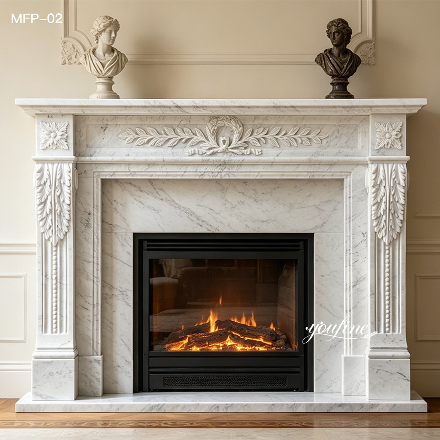 White Carrara marble fireplace surround with classic carvings, bust sculptures on the mantel, lit fire