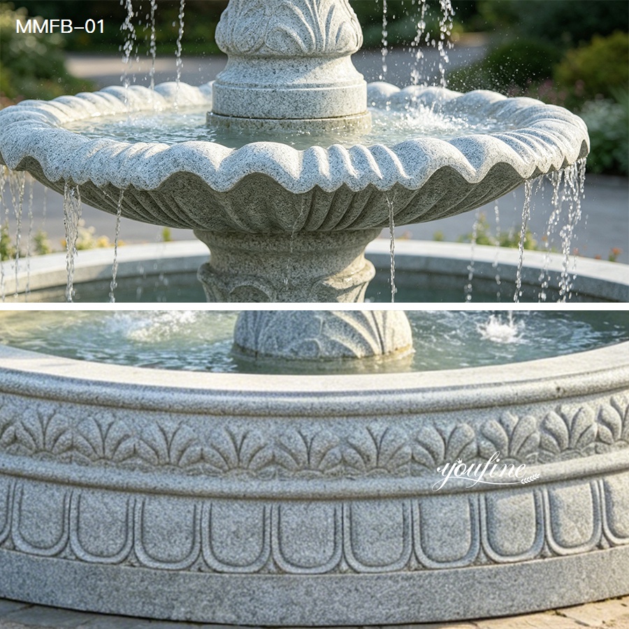 Detailed view of the carved lower basin and wave-style tray on a granite rolling ball fountain.