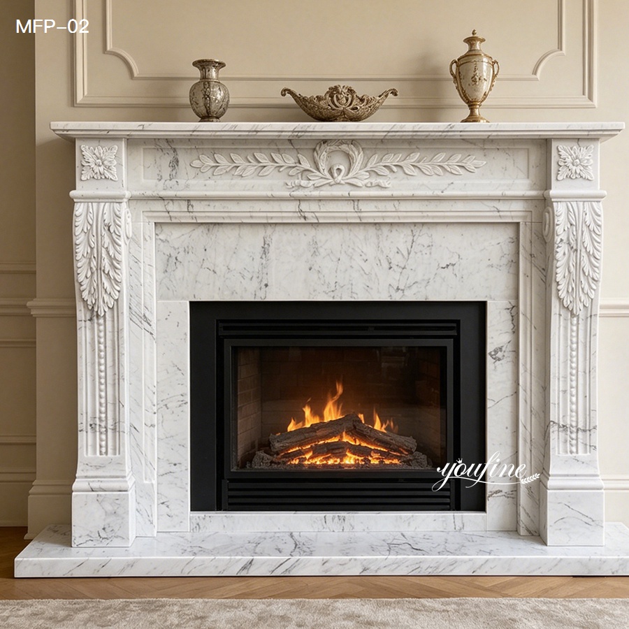 Classic white Carrara marble fireplace surround with floral carvings in a neutral-toned living room