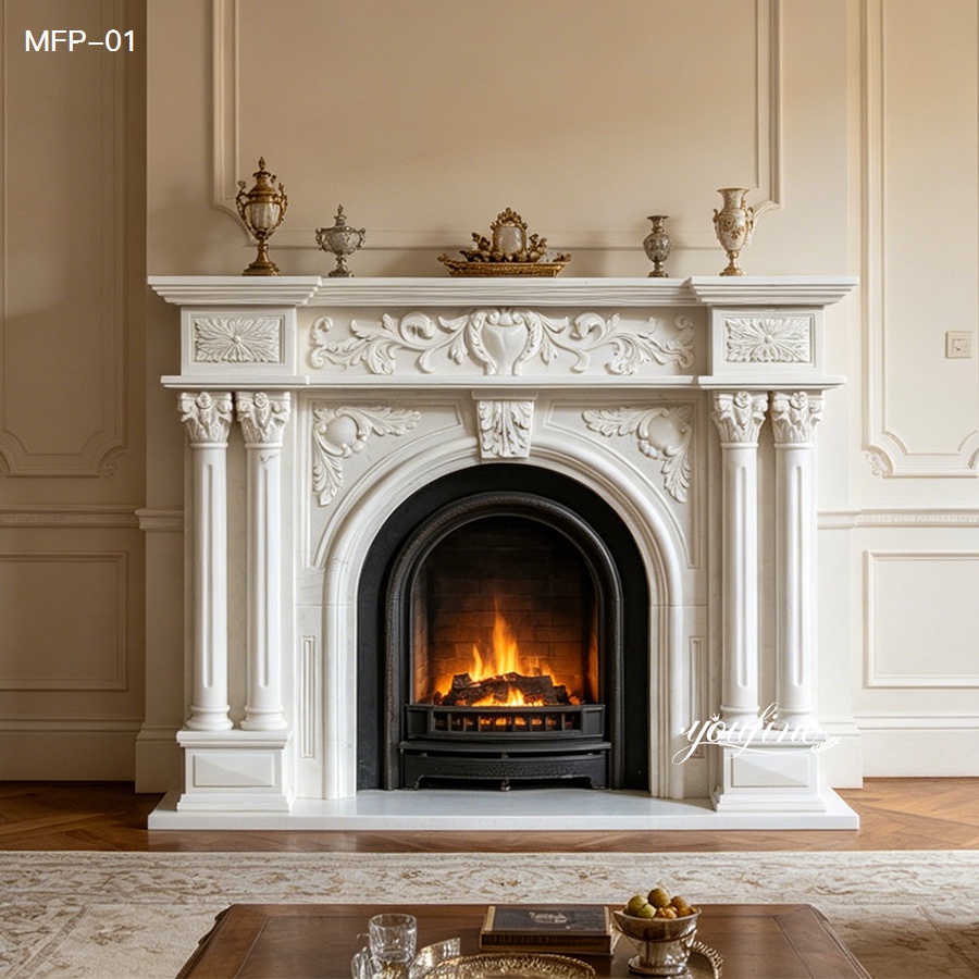 Elegant carved marble fireplace mantel for living room decor