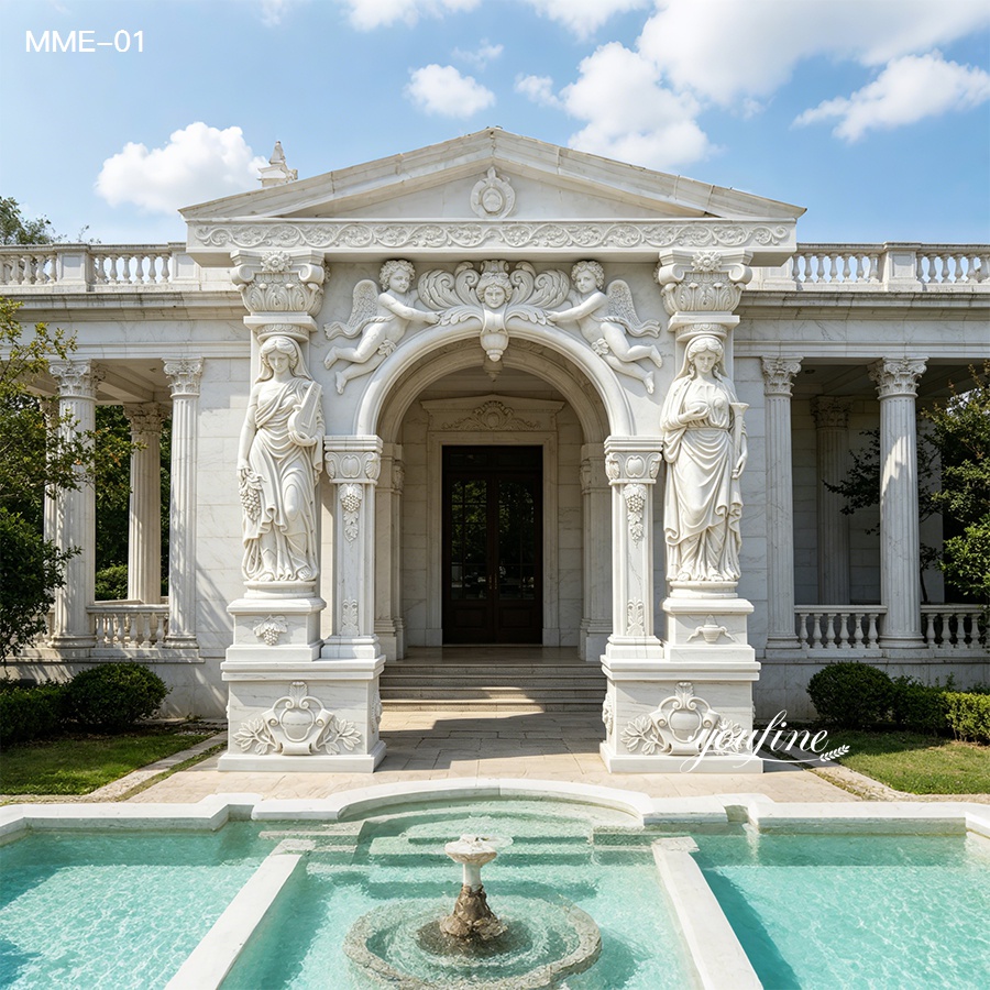 Large white marble door frame with hand-carved cherubs and lady statues, luxury garden entrance
