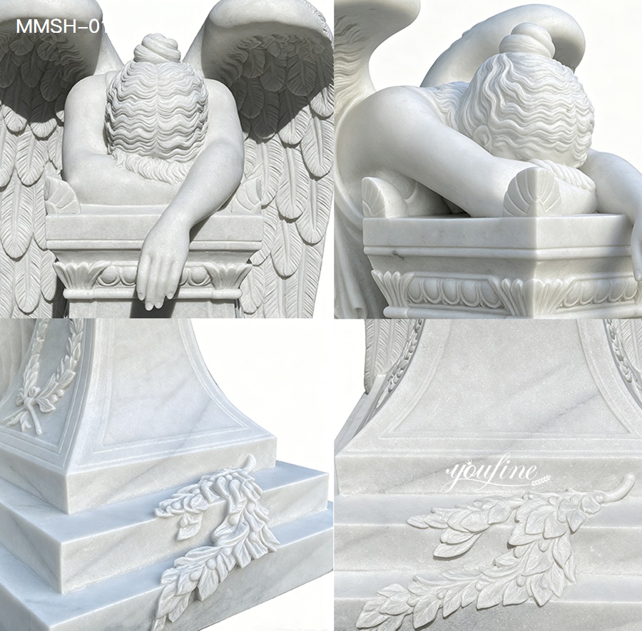 Close up display of fine carving on weeping angel statue wings hair and base patterns