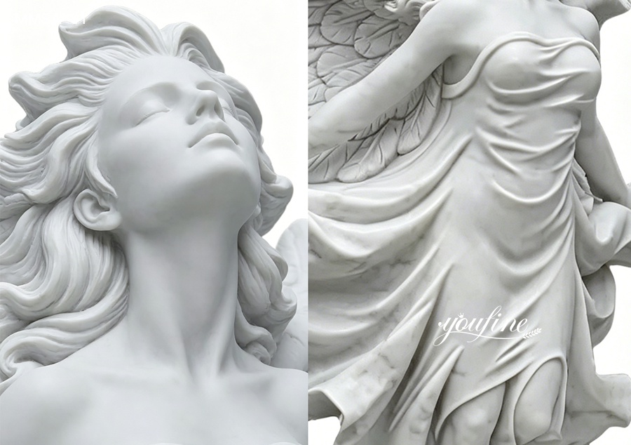 Close-up view of hand-carved marble angel statue showing face, hair, and wing details with smooth white stone texture
