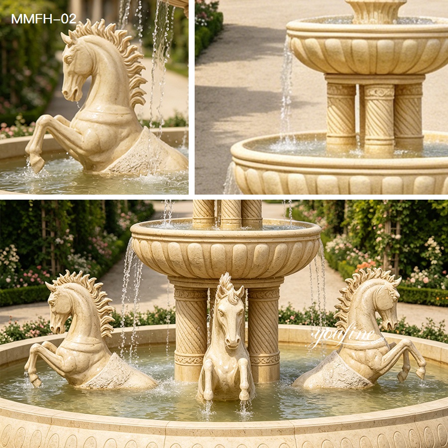Close-up of a beige marble fountain with horses, showcasing intricate hand-carved details.