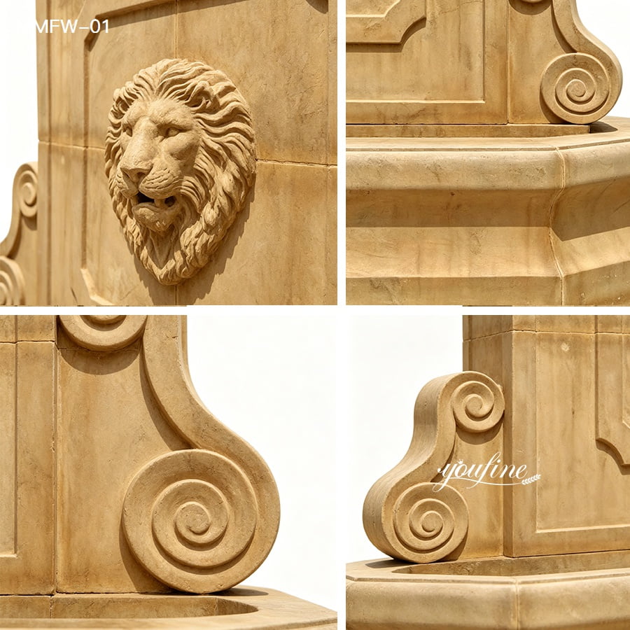 Close-up shots of hand-carved lion head and scroll details on the marble fountain