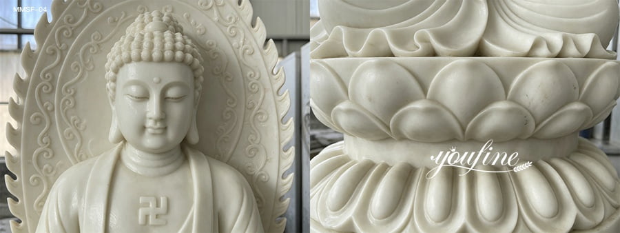 close-up view of marble buddha statue face, detailed lotus flower base, natural white marble texture