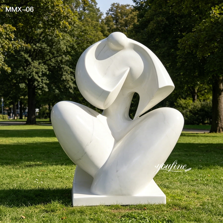 Modern abstract white marble seated figure sculpture, contemporary outdoor art for garden