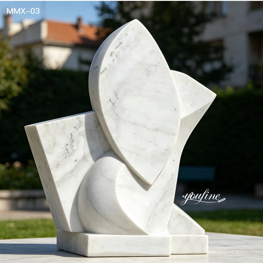 Modern geometric abstract white marble sculpture
