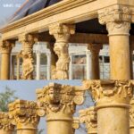 detailed Corinthian-style column capitals on antique marble gazebo structure
