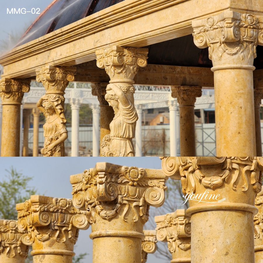 detailed Corinthian-style column capitals on antique marble gazebo structure
