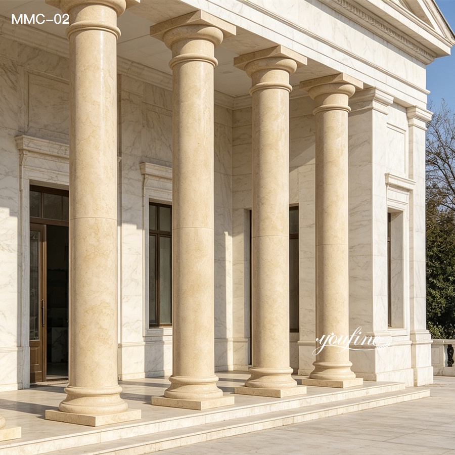 Cream natural marble pillars for sale, clean finish tapered columns complementing modern classical building designs