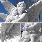 Close-up details of faces and wings on cupid and psyche marble sculpture