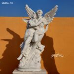 Front view of white cupid and psyche marble sculpture with winged figures