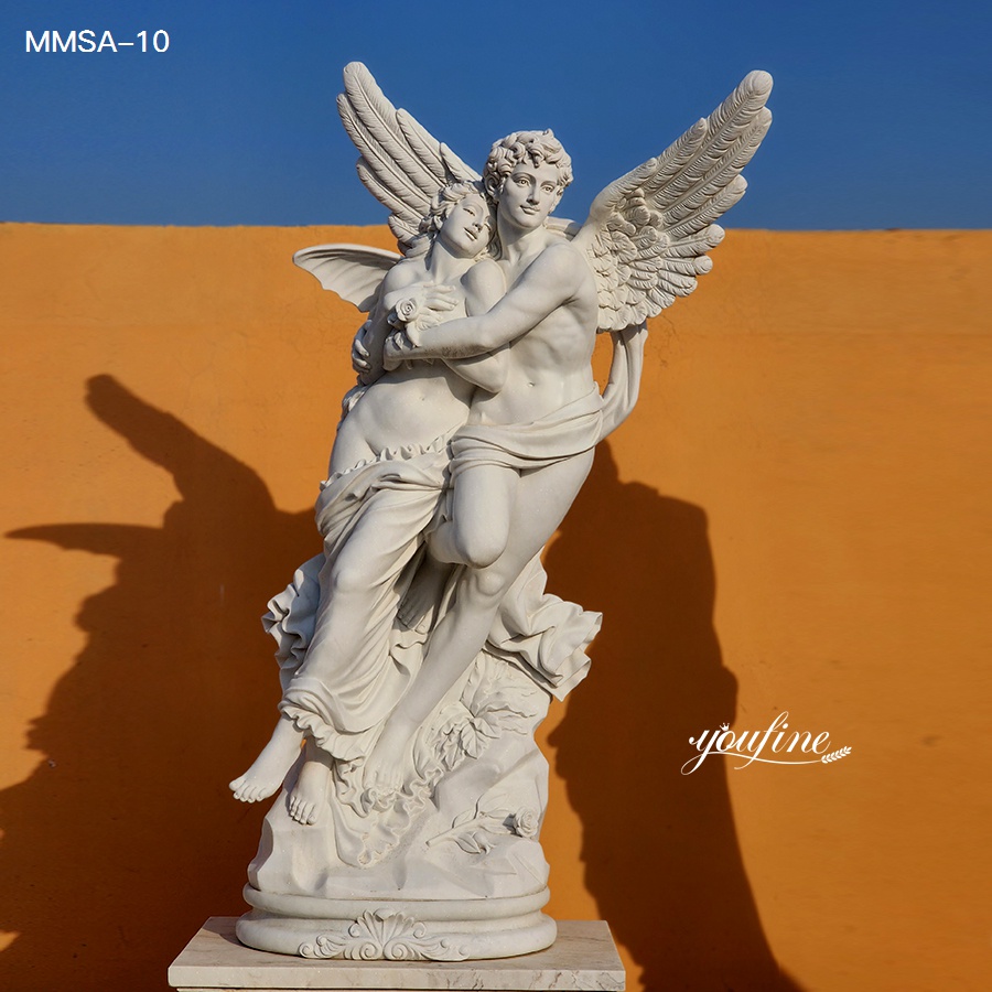 Front view of white cupid and psyche marble sculpture with winged figures