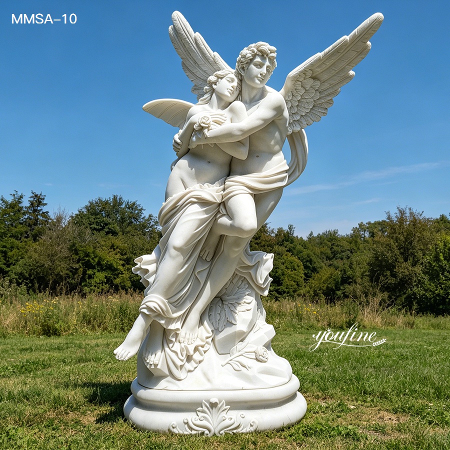 Outdoor display of cupid and psyche marble sculpture