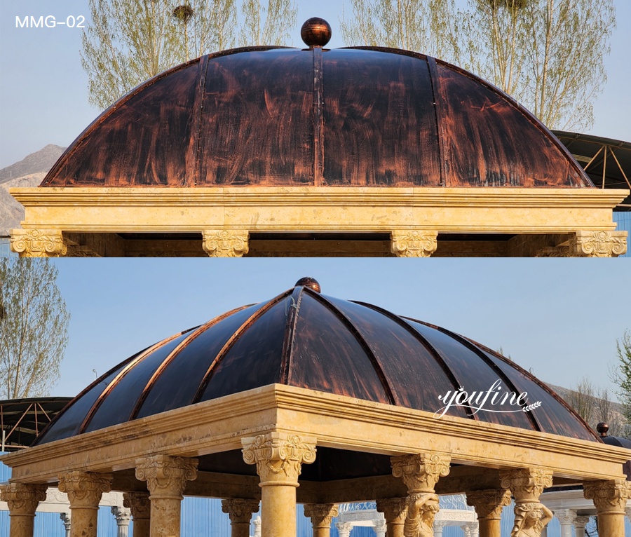 close-up roof detail of Roman marble gazebo showing curved metal top