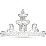 Sketch of a beige marble fountain with horses, showing its 3-tier design and horse sculptures.