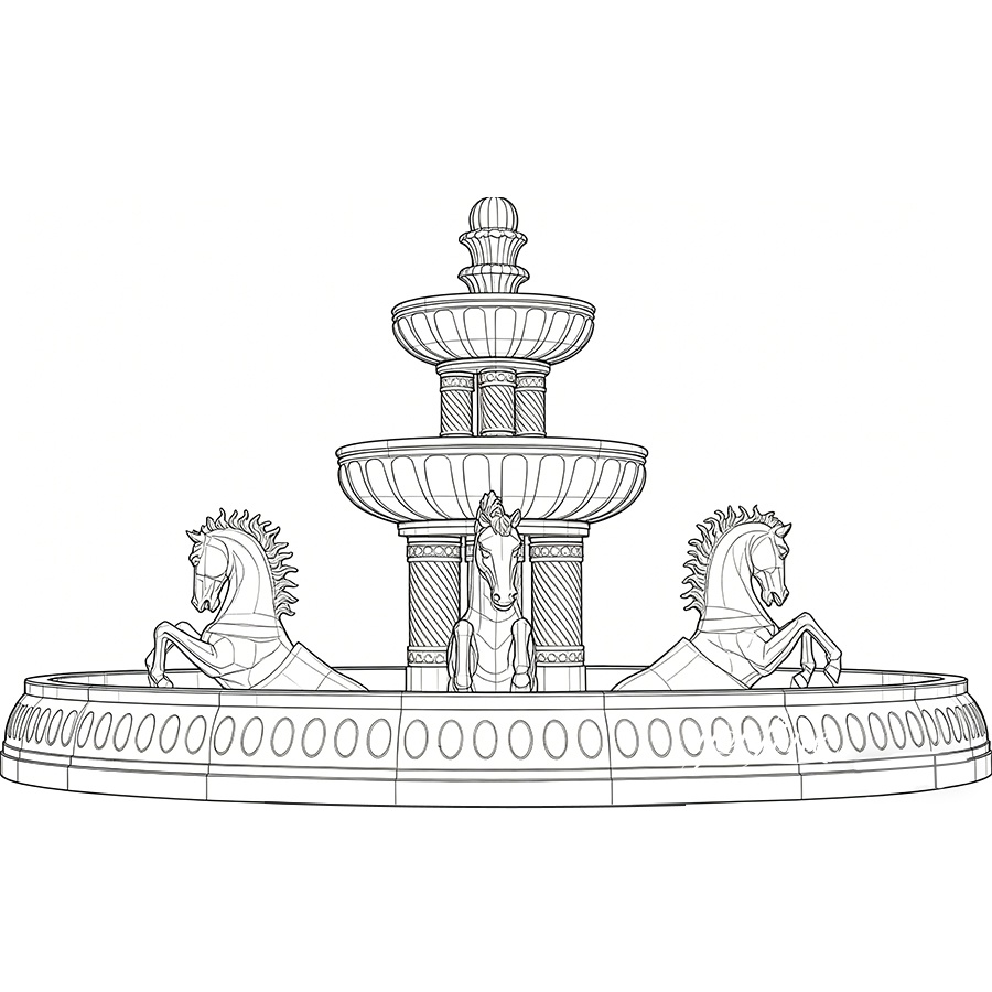 Sketch of a beige marble fountain with horses, showing its 3-tier design and horse sculptures.