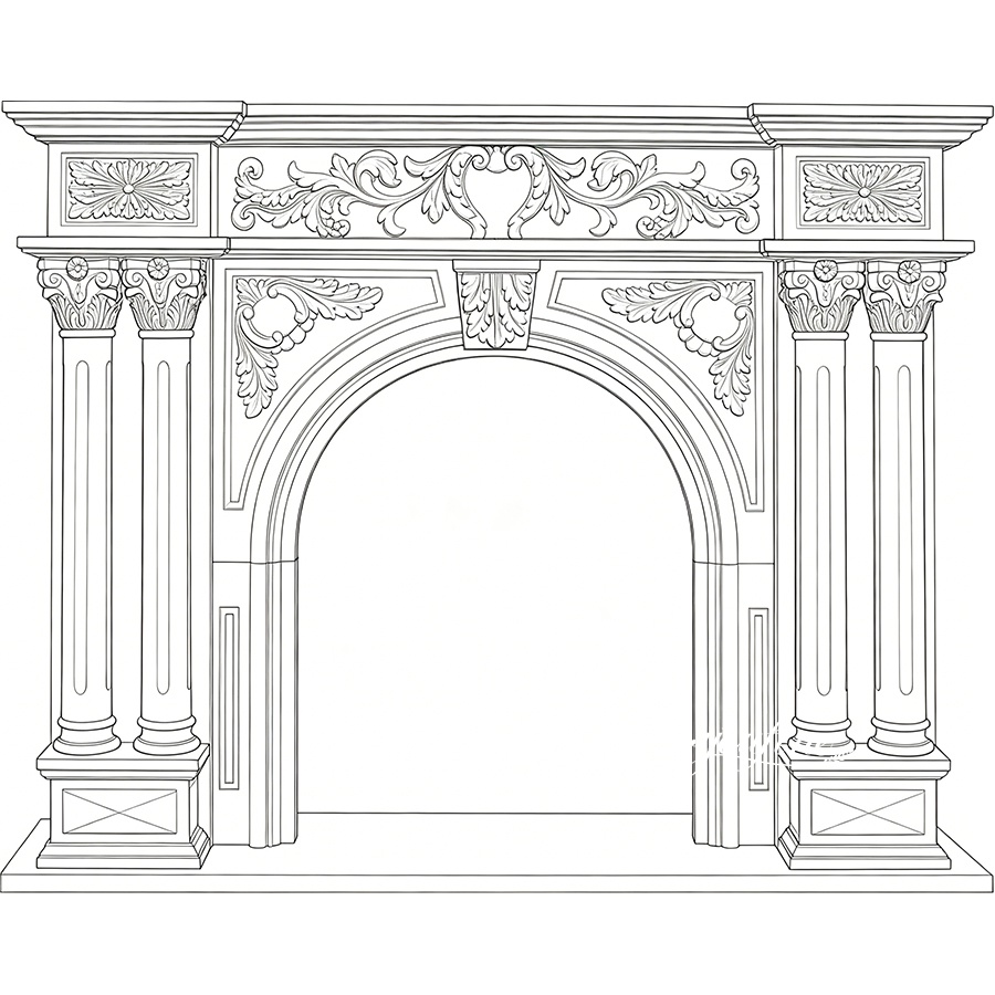 Technical drawing of ornate hand-carved marble fireplace surround with columns and floral reliefs