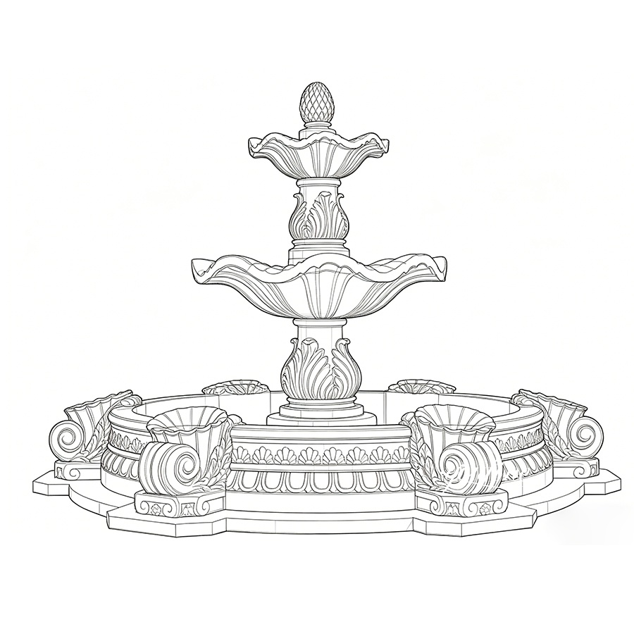 Technical design sketch of a custom two tiered marble fountain
