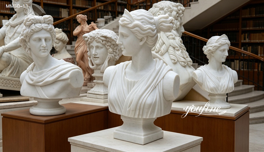 Collection of marble busts including Diana the Huntress, gallery display with classical statues