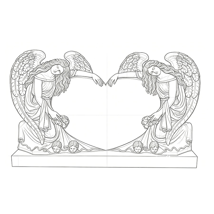 Sketch design of marble double angel heart headstone for customization