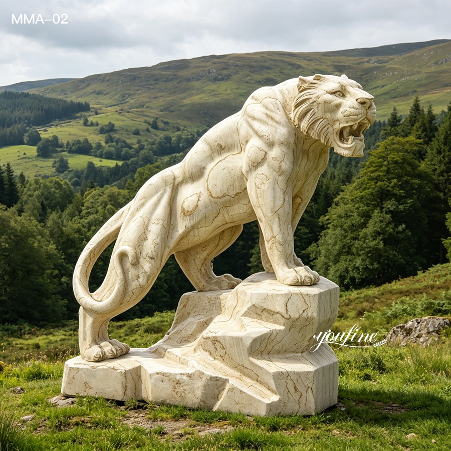 Egyptian beige marble tiger sculpture standing on stone base in mountain landscape