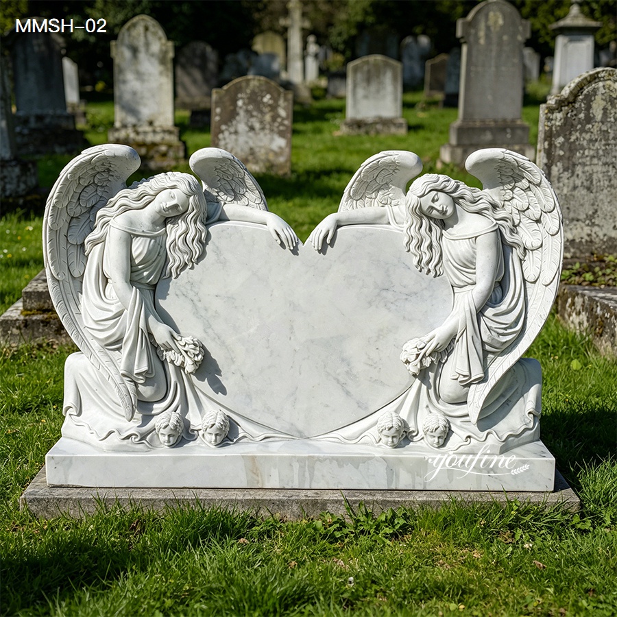 Elegant marble double angel heart memorial headstone for graves