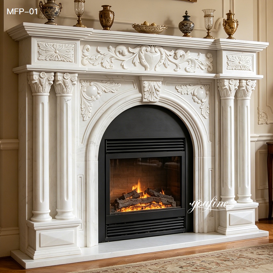 Natural white marble fireplace surround with intricate floral carvings