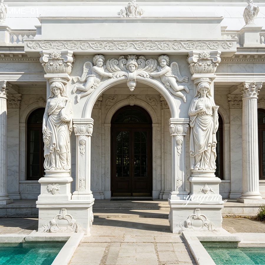 White marble door surround with detailed angel and lady statues, custom carved marble doorway