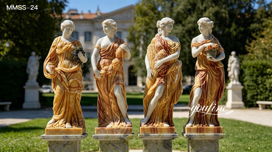 Set of four classical goddess statues carved from polished orange marble, garden decor  