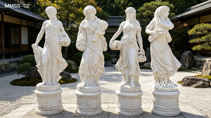 Set of four classical white marble goddess statues holding unique seasonal symbols, garden decor