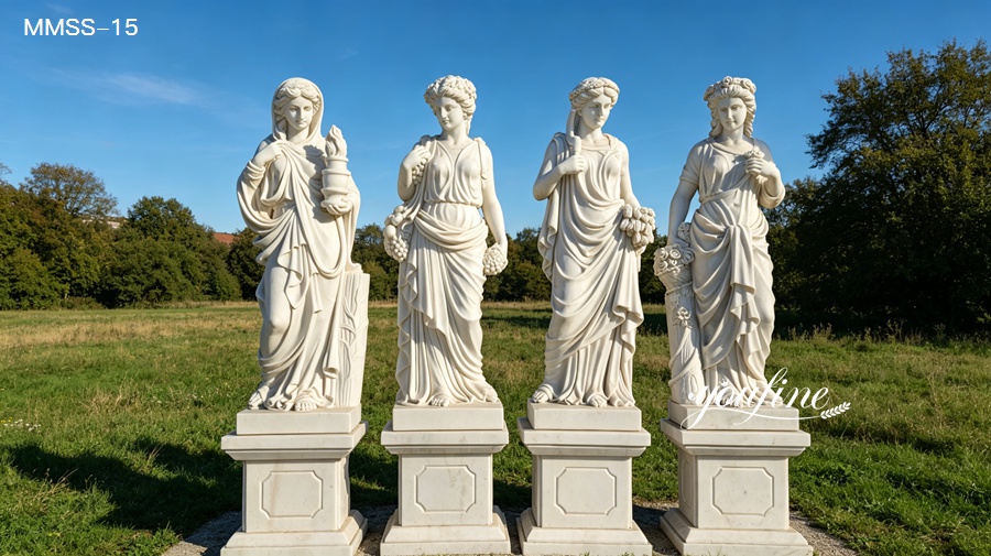 Four Seasons Marble Goddess Statues on Tall Pedestals