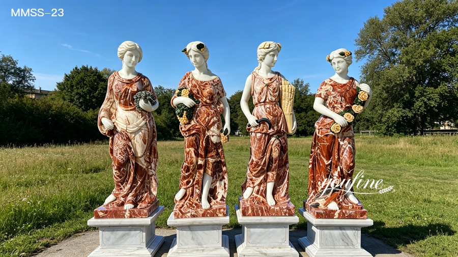 Hand-carved four seasons goddess statues with red and white marble veining, outdoor garden art