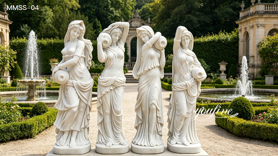 Set of four classical marble water nymph statues holding vases, 