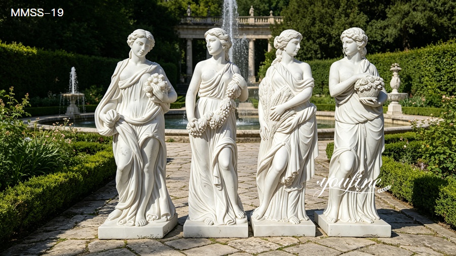 Four Seasons White Marble Goddess Statues in Flowing Poses 