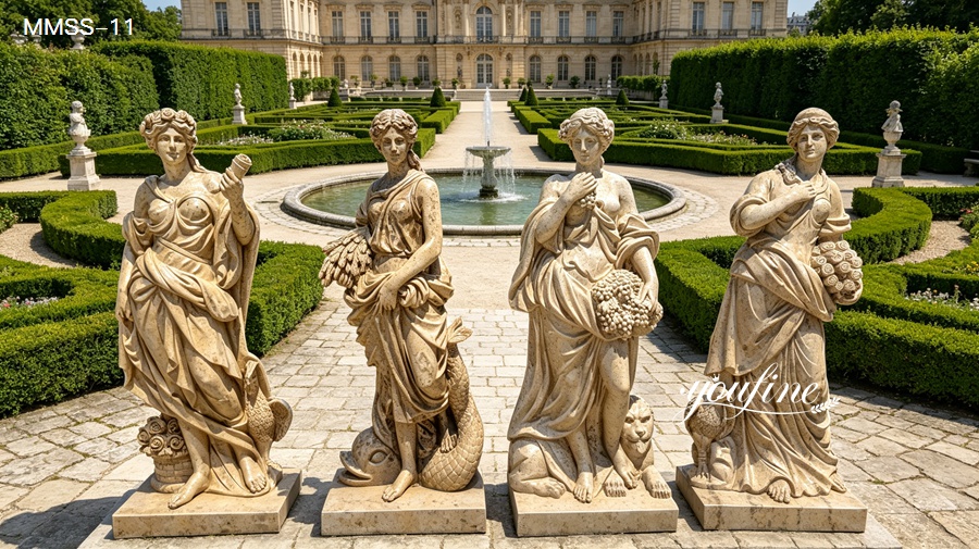 Set of four classical beige marble goddess statues, ideal for large estate and palace gardens