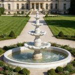 Four-Tier Marble Fountain in a Garden Surrounded