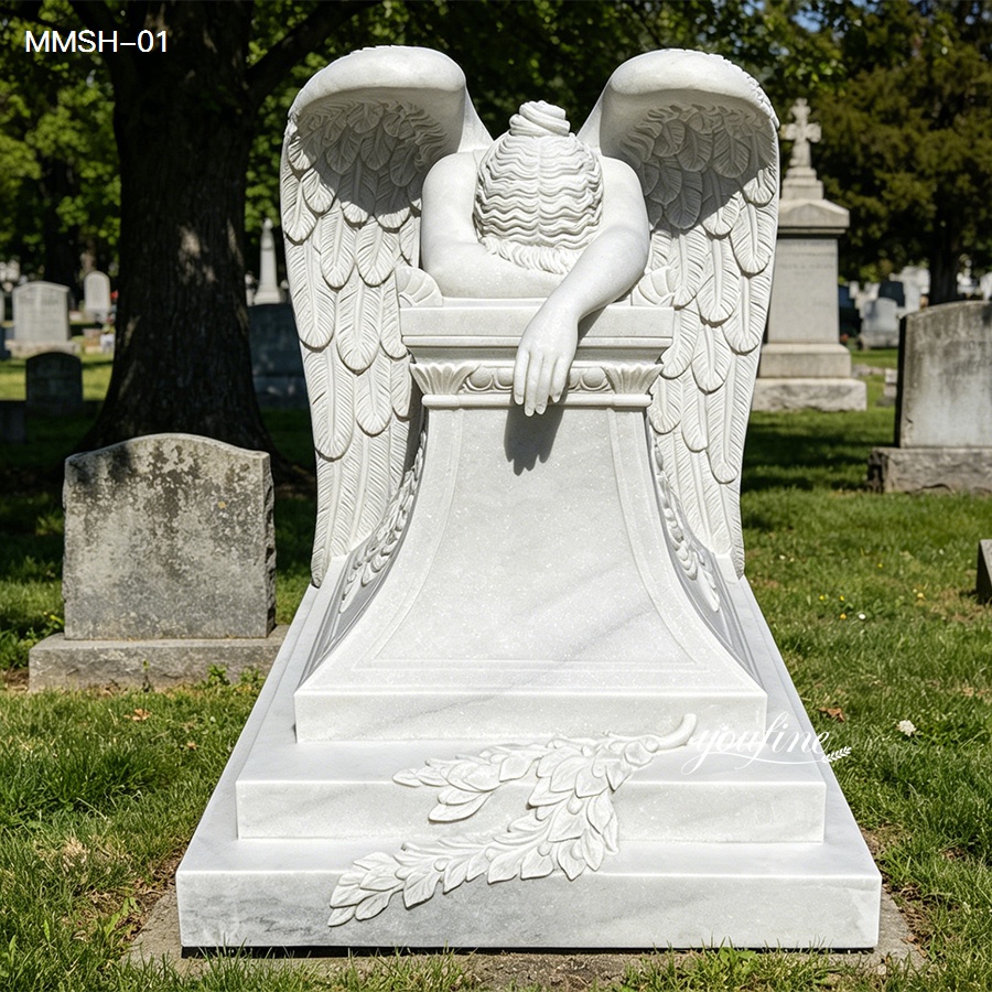 hand carved weeping angel statue with laurel wreath pedestal details