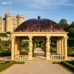 front view of antique Roman style marble gazebo with arched metal roof