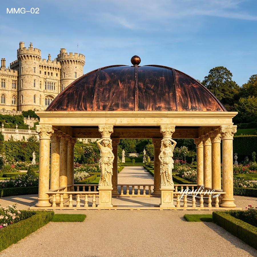 front view of antique Roman style marble gazebo with arched metal roof